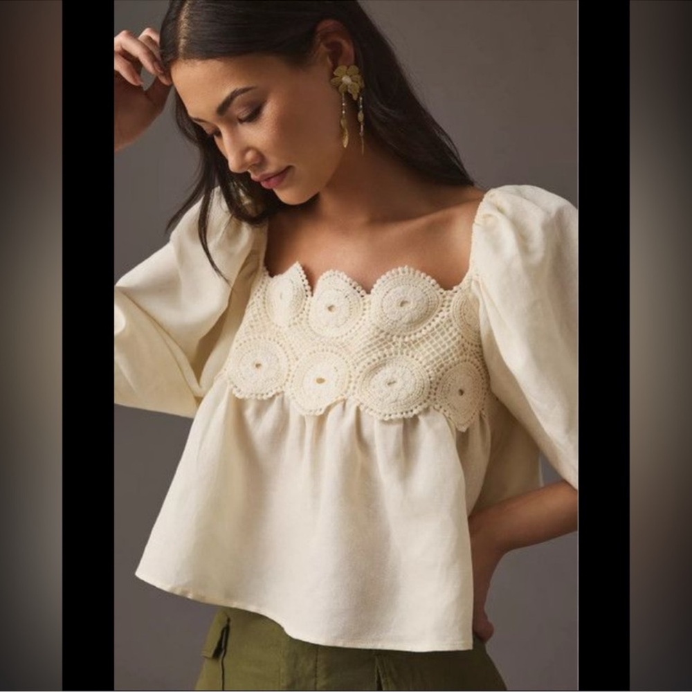 Anthropologie Cream Blouse with Crochet Detail